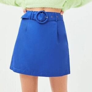CHARLIE HOLIDAY NEW $40 Femi Blue Belted A-Line‎ Mini Skirt Size 2